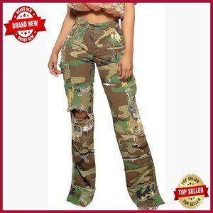 High Waisted Wide Leg Cargo Pants with Ripped Details and Pockets
